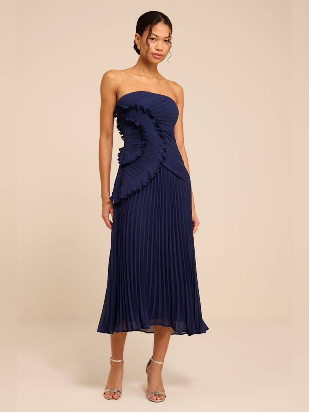 LULUS Brylee Navy Pleated Ruffled Midi Dress